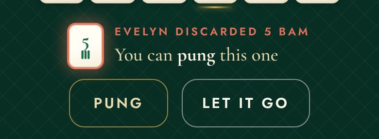 The plain bar: Evelyn discarded 5 Bam, You can pung this one, with PUNG and LET IT GO drawn as equal outlined buttons.