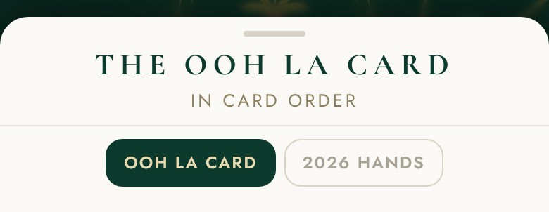 The top of the card sheet: THE OOH LA CARD, in card order, with two buttons — OOH LA CARD, selected, and 2026 HANDS.