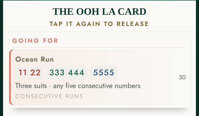 The card pulled down over the table, with one line lifted to the top under the label GOING FOR.