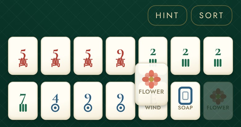 A Flower tile lifted from the rack and being slid to the left, with a faded ghost where it came from.