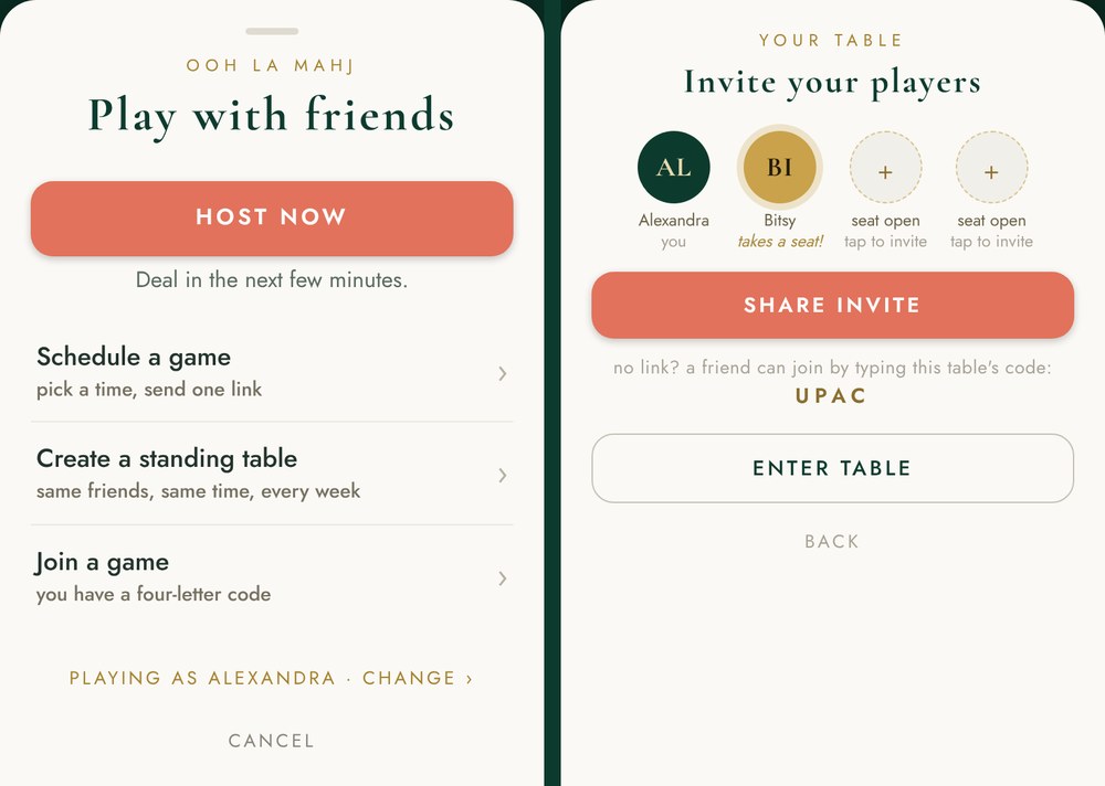 Two screens: the Play with friends sheet with HOST NOW, Schedule a game, Create a standing table and Join a game; and Invite your players, with the host and one friend seated, two seats open, a SHARE INVITE button and the table's four-letter code.