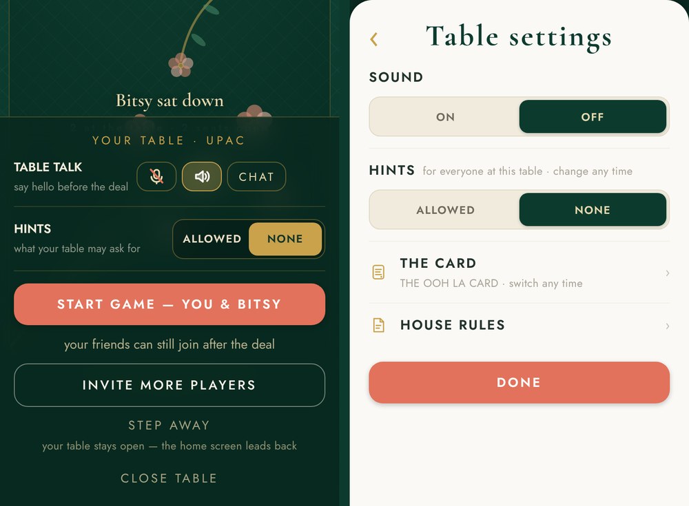 Two screens: the table before the deal, with TABLE TALK buttons, a HINTS switch set to NONE and a START GAME button; and Table settings during the hand, with SOUND, HINTS for everyone at this table, THE CARD and HOUSE RULES.