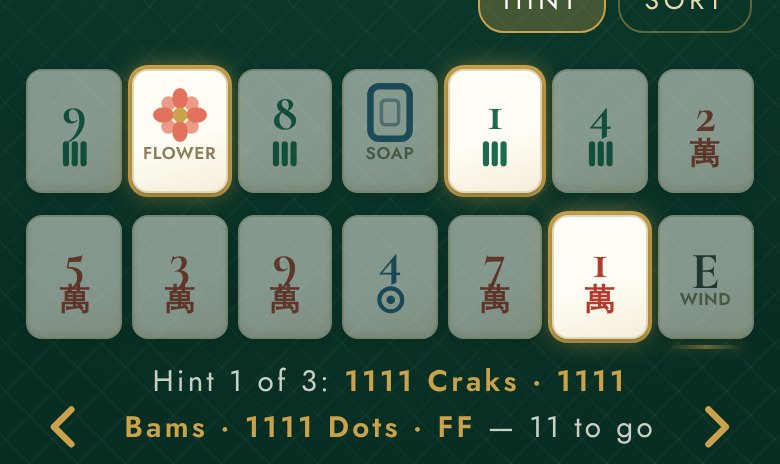 A rack with hints on: six tiles ringed in gold, the rest dimmed, and a line reading Hint 1 of 3 with a hand from the card and how many tiles to go.