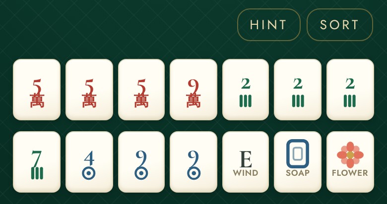 The same rack after SORT: three 5 Craks, 9 Crak, three 2 Bams, 7 Bam, then the Dots, the East wind, Soap and the Flower.