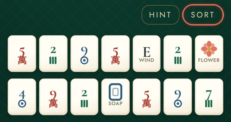 A rack of fourteen tiles in the order they arrived: Craks, Bams and Dots mixed together. The SORT button, top right, is ringed in coral.