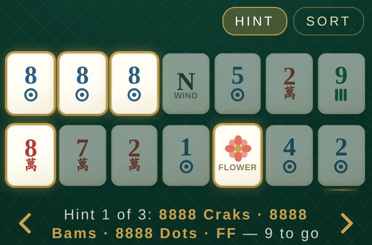Detail of Hint in a real game: gold outlines highlight tiles that fit a possible hand, and the hint names that hand below the rack.